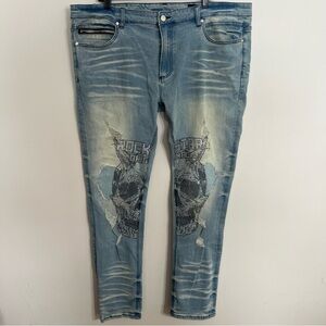 Men’s Rockstar Original Rhinestone Skull Ultra Slim Jeans Size 40 Streetwear